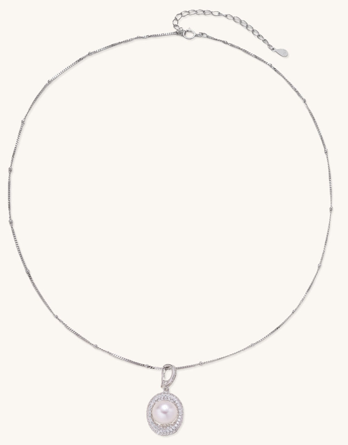 Sterling silver necklace with freshwater pearl in sparkling crystal halo pendant on delicate beaded chain