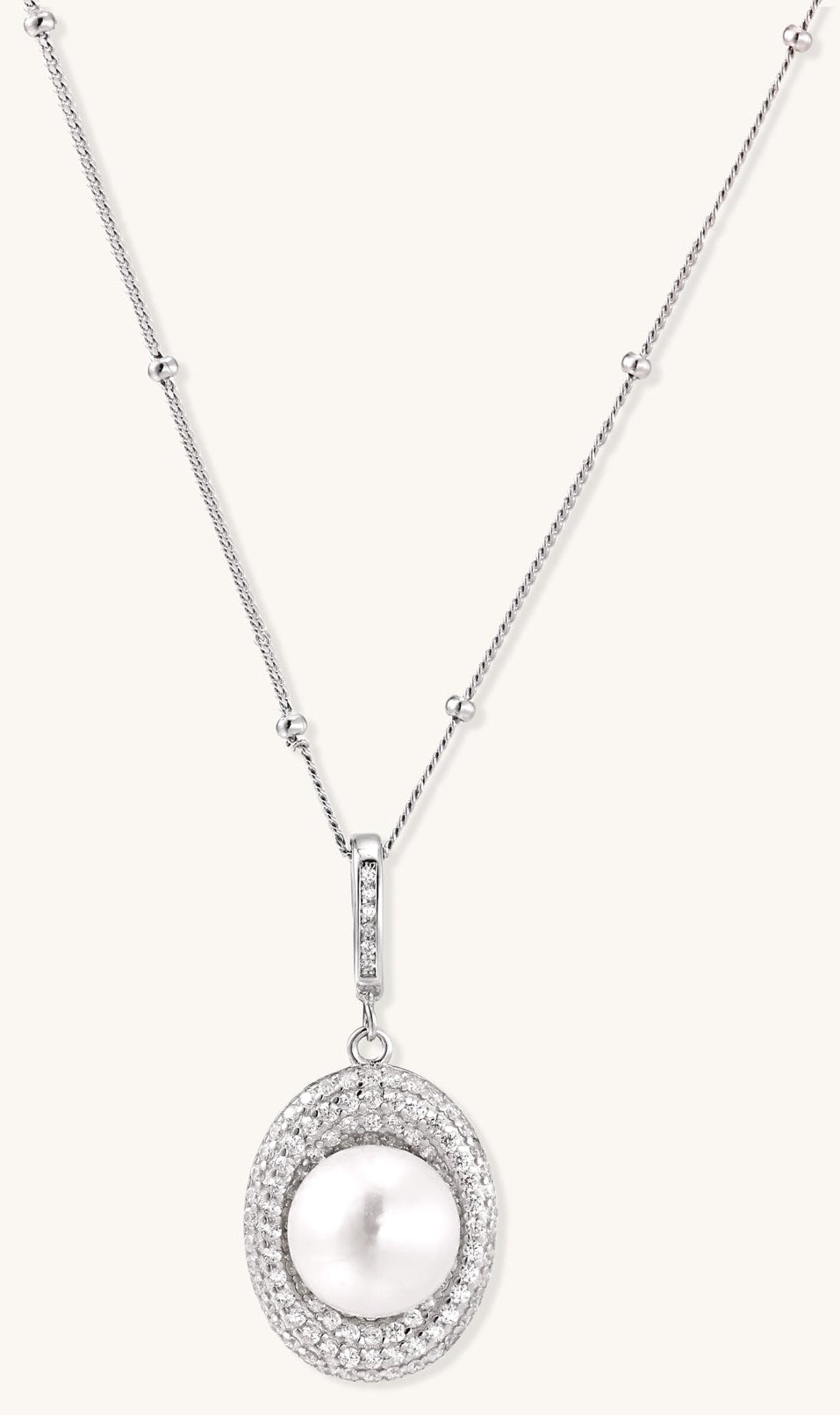 Sterling silver necklace with freshwater pearl in sparkling crystal halo pendant on delicate beaded chain