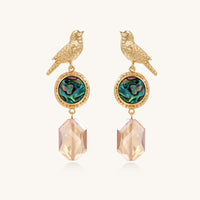 Gold-plated bird dangle earrings with iridescent abalone shell discs and champagne crystal drops on white background.