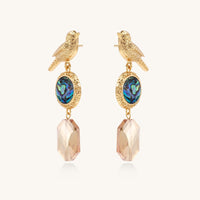 Gold-plated bird dangle earrings with iridescent abalone shell discs and champagne crystal drops on white background.