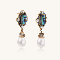 Gold-plated brass drop earrings featuring iridescent abalone shell centers, crystal accents, and white pearl drops.