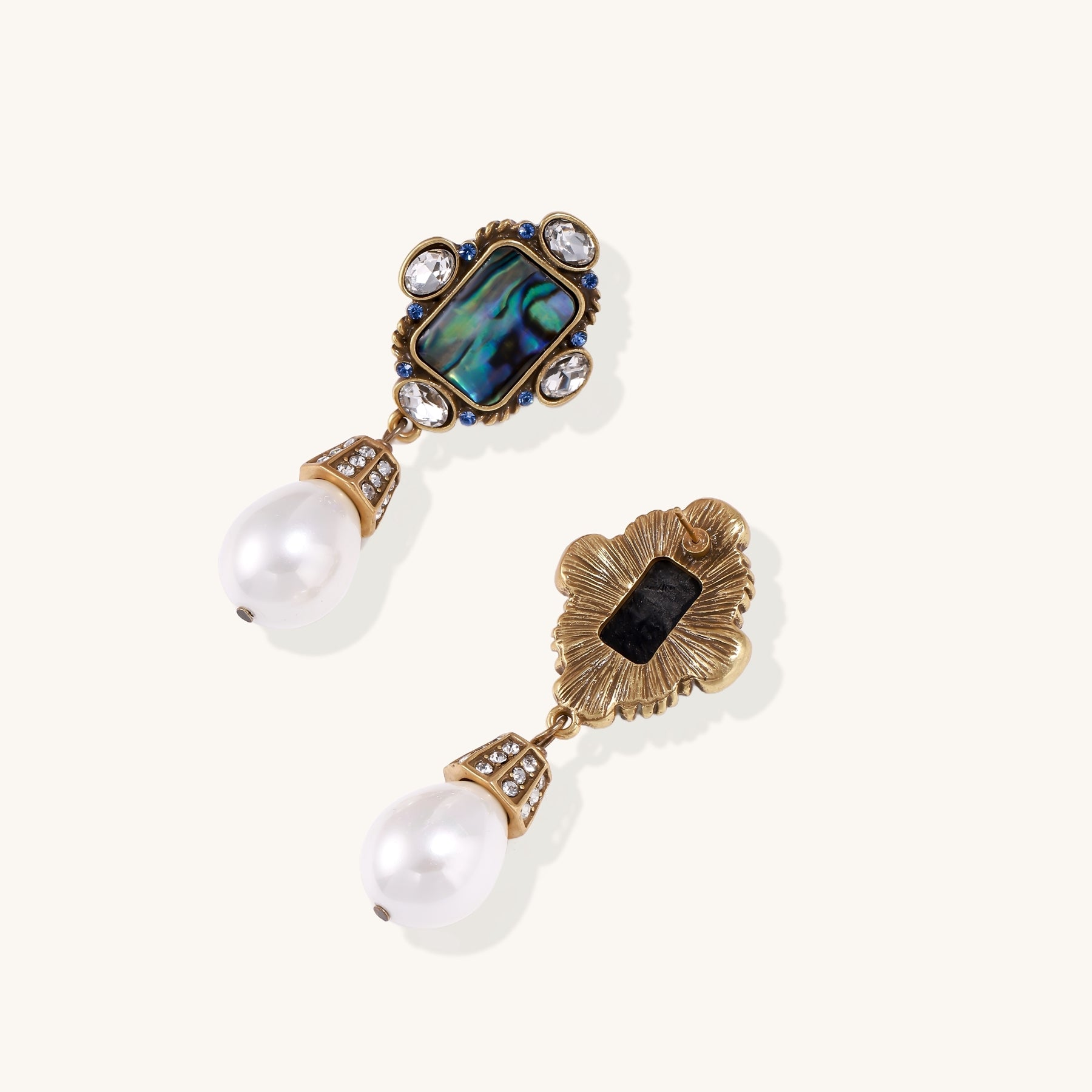 Gold-plated brass drop earrings featuring iridescent abalone shell centers, crystal accents, and white pearl drops.