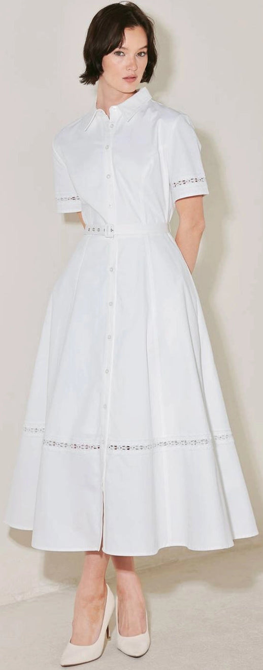 Collared Midi Cotton Shirt Cocktail Dress Button Front Belted Fit and Flare Dress Flying Tomato FD1872