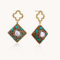 Gold quatrefoil stud earrings with ornate square pendants featuring turquoise stones and freshwater pearls