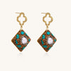 Gold quatrefoil stud earrings with ornate square pendants featuring turquoise stones and freshwater pearls
