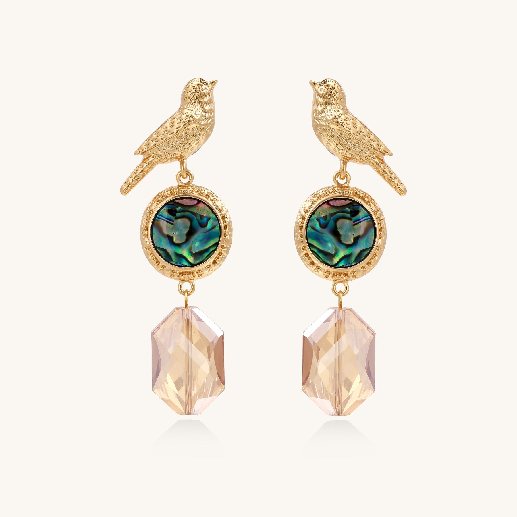 Gold-plated bird dangle earrings with iridescent abalone shell discs and champagne crystal drops on white background.