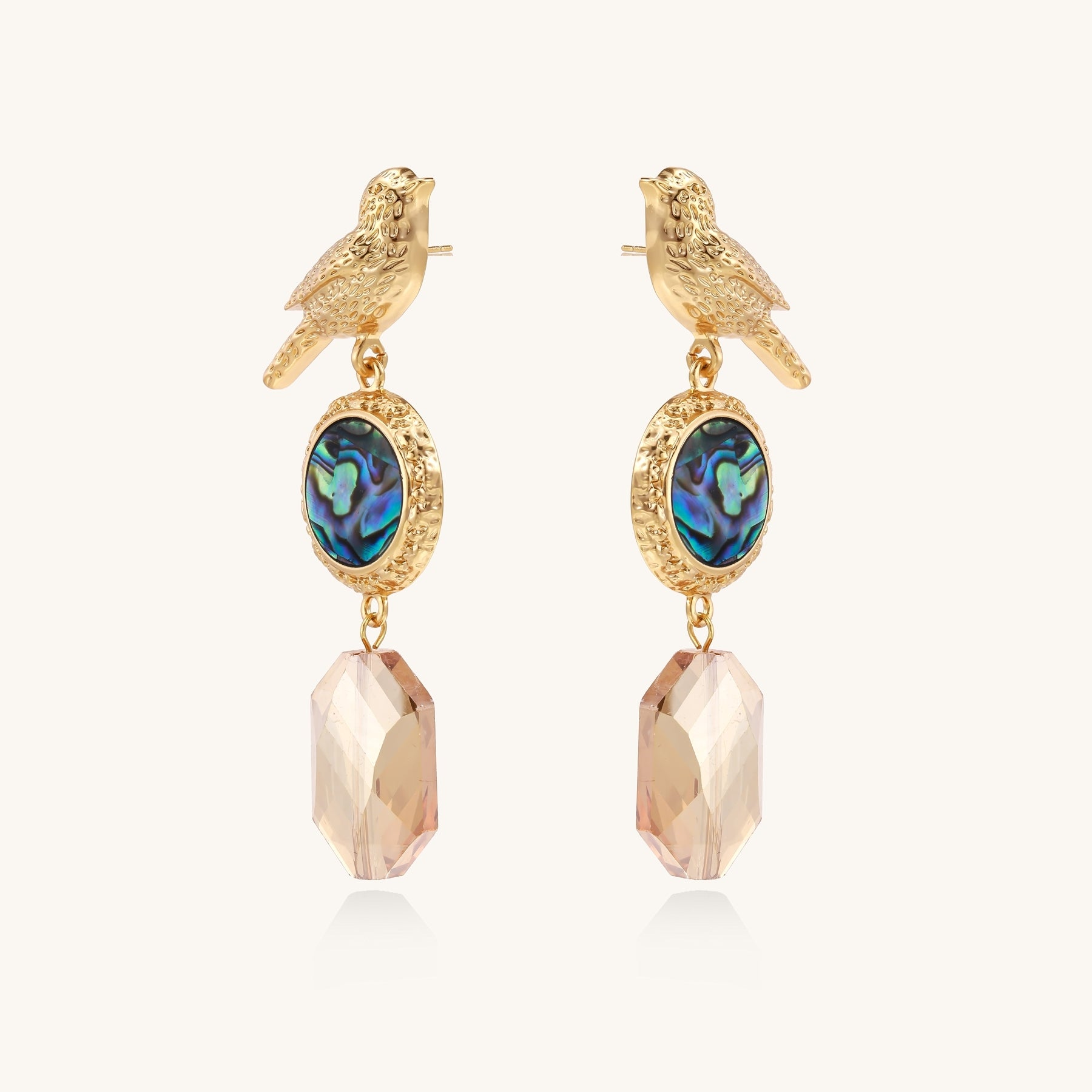 Gold-plated bird dangle earrings with iridescent abalone shell discs and champagne crystal drops on white background.