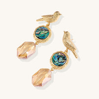 Gold-plated bird dangle earrings with iridescent abalone shell discs and champagne crystal drops on white background.