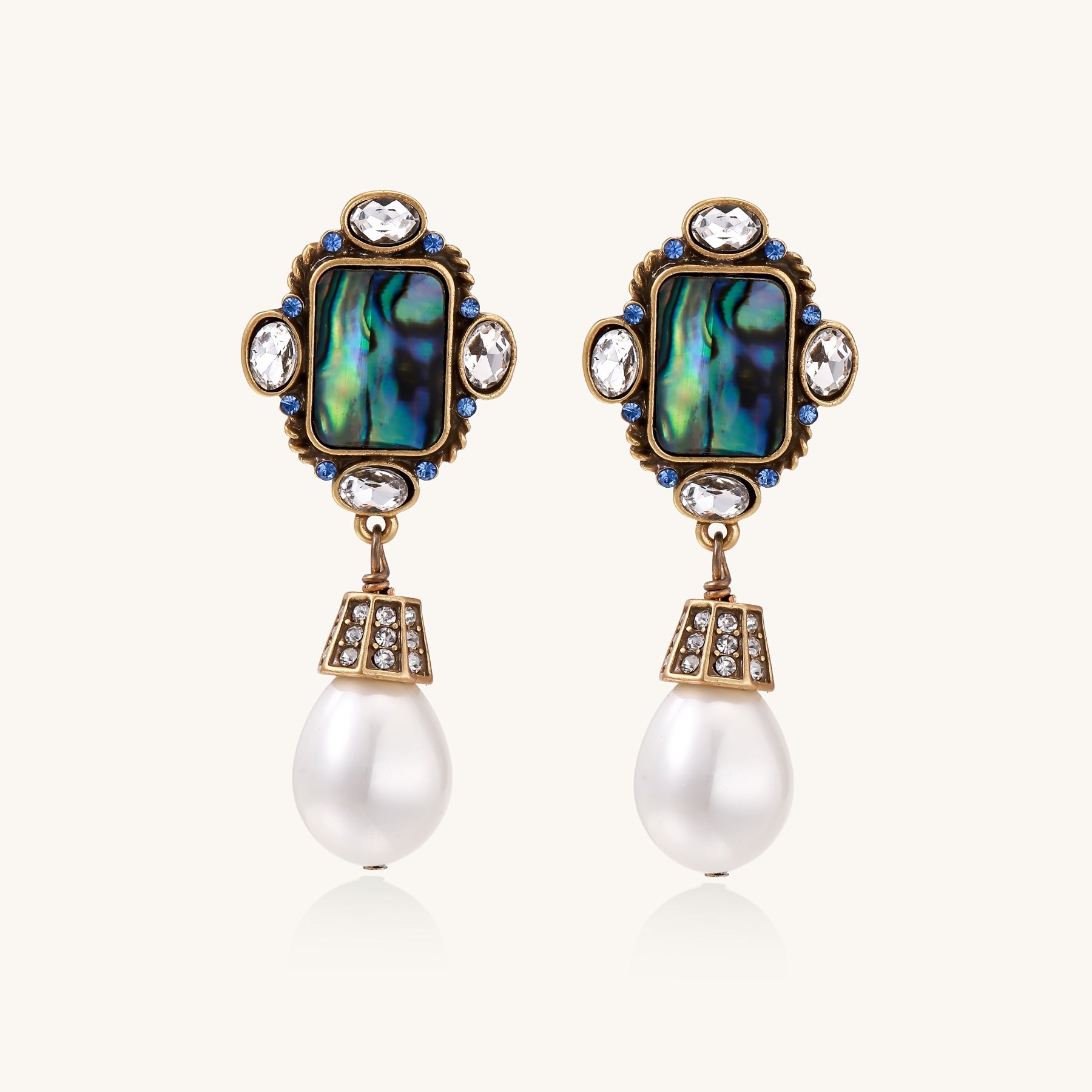 Gold-plated brass drop earrings featuring iridescent abalone shell centers, crystal accents, and white pearl drops.