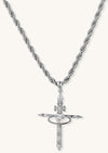 Gold-plated brass statement necklace with celestial cross pendant featuring orbital ring and zirconia stones on rope chain