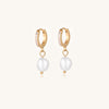 18K gold plated hoop earrings with freshwater pearl drops on neutral background, showing elegant minimalist design.