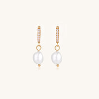 18K gold plated hoop earrings with freshwater pearl drops on neutral background, showing elegant minimalist design.