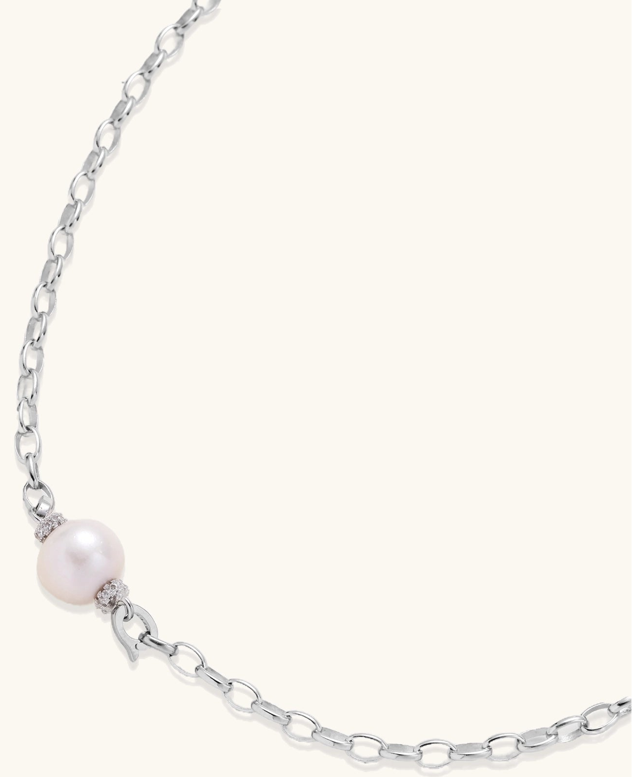 Sterling silver chain necklace with single white freshwater pearl centerpiece on neutral background, 445mm length.