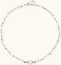 Sterling silver chain necklace with single white freshwater pearl centerpiece on neutral background, 445mm length.