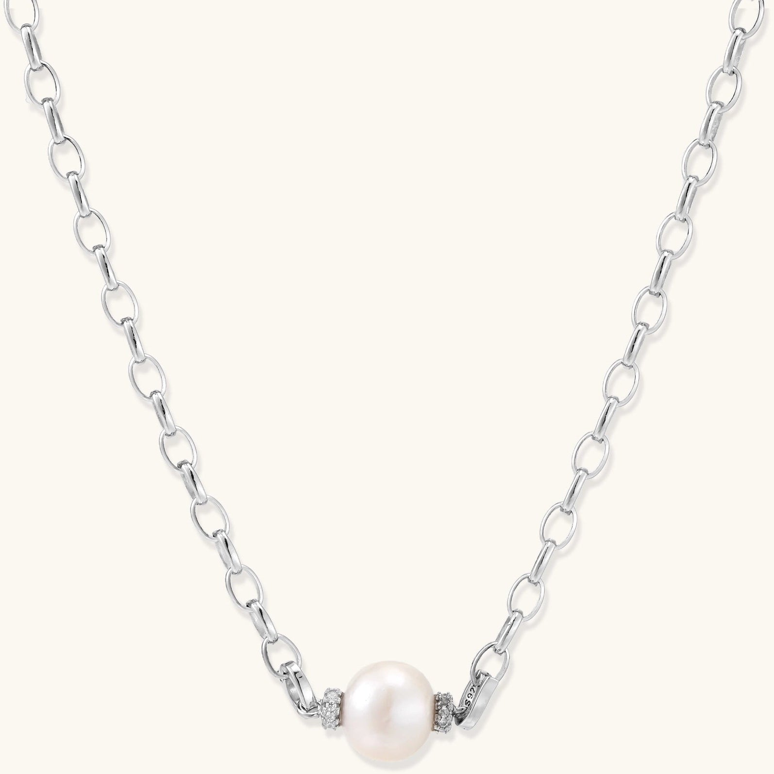 Sterling silver chain necklace with single white freshwater pearl centerpiece on neutral background, 445mm length.