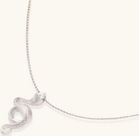 Sterling silver snake pendant necklace with zirconia crystals on adjustable chain against cream background