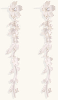 Pair of sterling silver dangle earrings with intricate leaf vine patterns and crystal accents on white background.