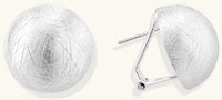 Brushed sterling silver dome-shaped stud earrings with textured surface and secure lever-back closure on white background.