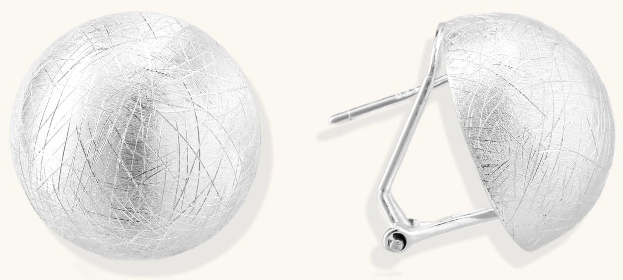 Brushed sterling silver dome-shaped stud earrings with textured surface and secure lever-back closure on white background.