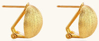 Close-up of textured gold-plated sterling silver dome clip-on earrings with brushed finish on white background.