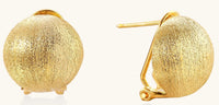 Close-up of textured gold-plated sterling silver dome clip-on earrings with brushed finish on white background.