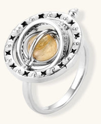 Complete jewelry set featuring citrine stone chips, silver beads, and cosmic circle pendants on cream background.