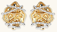 Sculptural rose-shaped stud earrings in gold with silver wire details and S925 posts on cream background.
