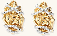 Sculptural rose-shaped stud earrings in gold with silver wire details and S925 posts on cream background.