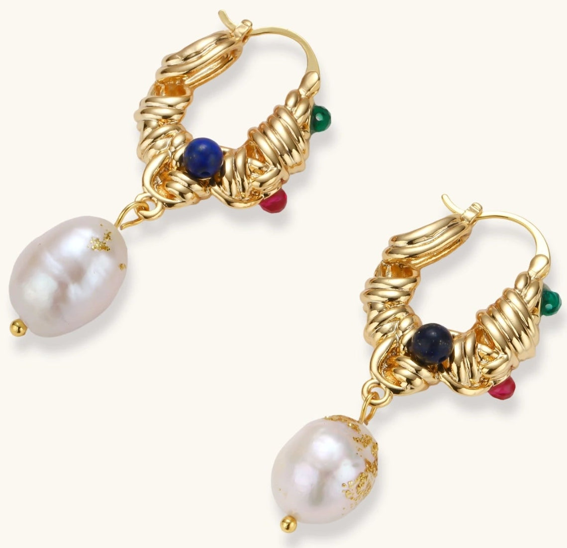 Ornate gold-plated hoop earrings with emerald, ruby, and sapphire accents, featuring dangling baroque freshwater pearls