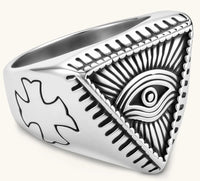 Silver stainless steel signet ring with engraved all-seeing eye in triangle, radiating lines, and cross motifs on the band.