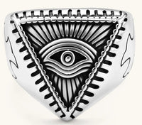 Silver stainless steel signet ring with engraved all-seeing eye in triangle, radiating lines, and cross motifs on the band.
