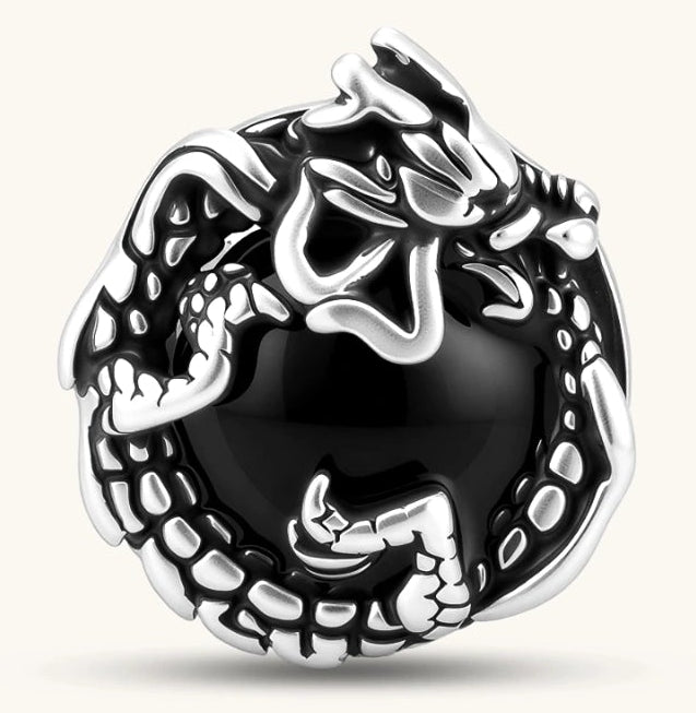 Silver stainless steel stud earring with coiled dragon motif wrapped around a black stone, shown from front and side.