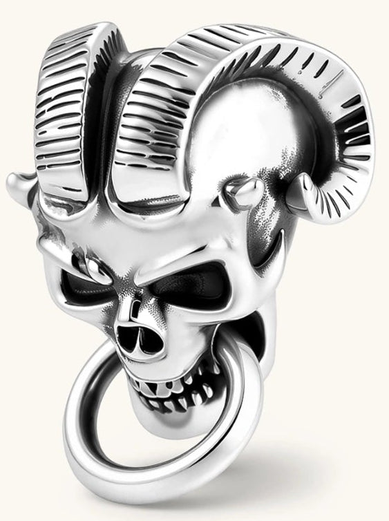 Silver 316L stainless steel stud earring shaped as a horned demon skull with ram horns and a dangling mouth ring.