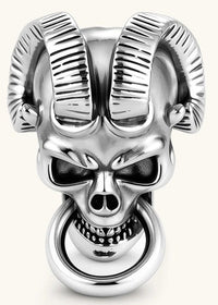 Silver 316L stainless steel stud earring shaped as a horned demon skull with ram horns and a dangling mouth ring.
