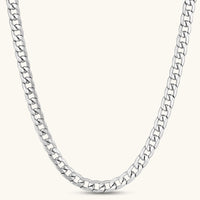 Silver 316L stainless steel carved curb chain necklace with lobster clasp and extender, 7.2mm wide, on cream background.