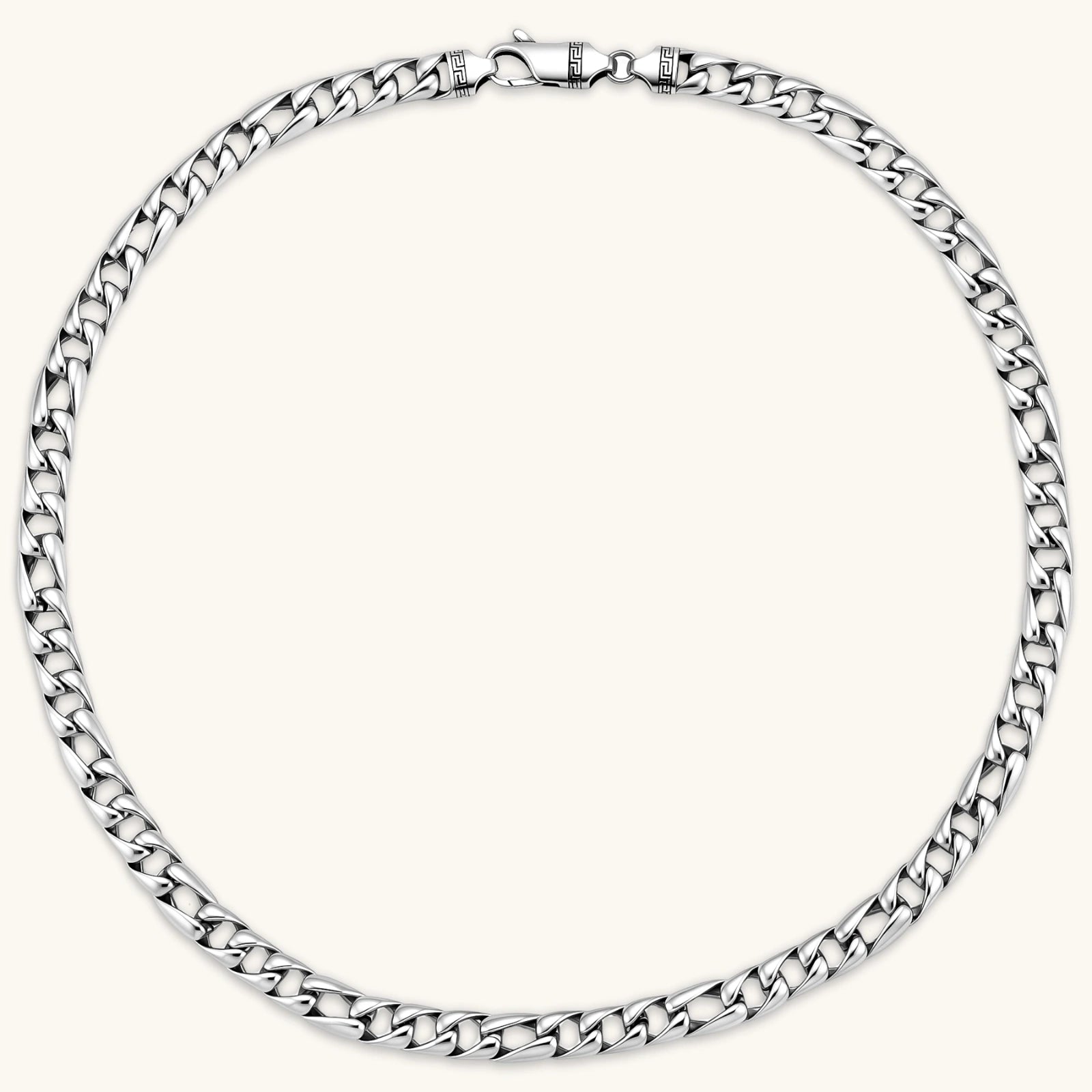 Polished 316L stainless steel Cuban link chain necklace, 9.6mm wide, with Greek key lobster clasp, silver tone.