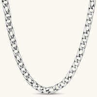 Polished 316L stainless steel Cuban link chain necklace, 9.6mm wide, with Greek key lobster clasp, silver tone.