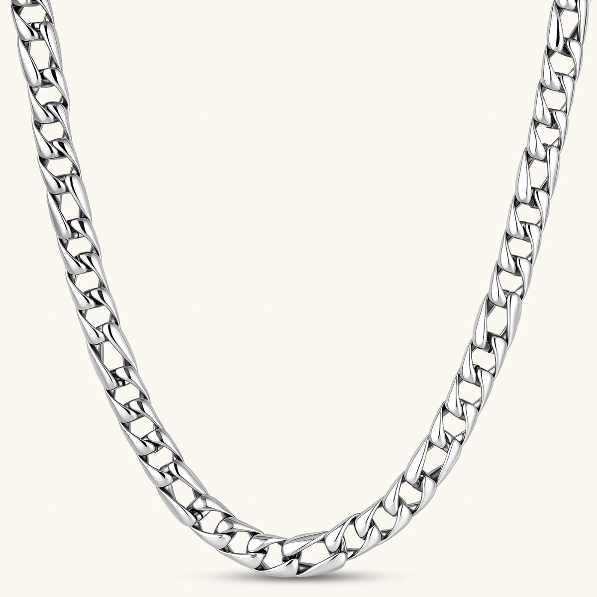 Polished 316L stainless steel Cuban link chain necklace, 9.6mm wide, with Greek key lobster clasp, silver tone.