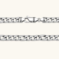 Polished 316L stainless steel Cuban link chain necklace, 9.6mm wide, with Greek key lobster clasp, silver tone.