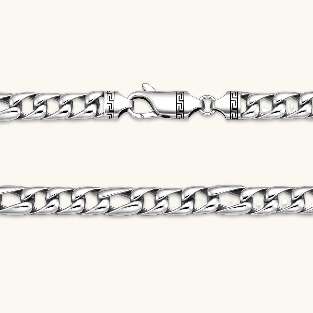 Polished 316L stainless steel Cuban link chain necklace, 9.6mm wide, with Greek key lobster clasp, silver tone.