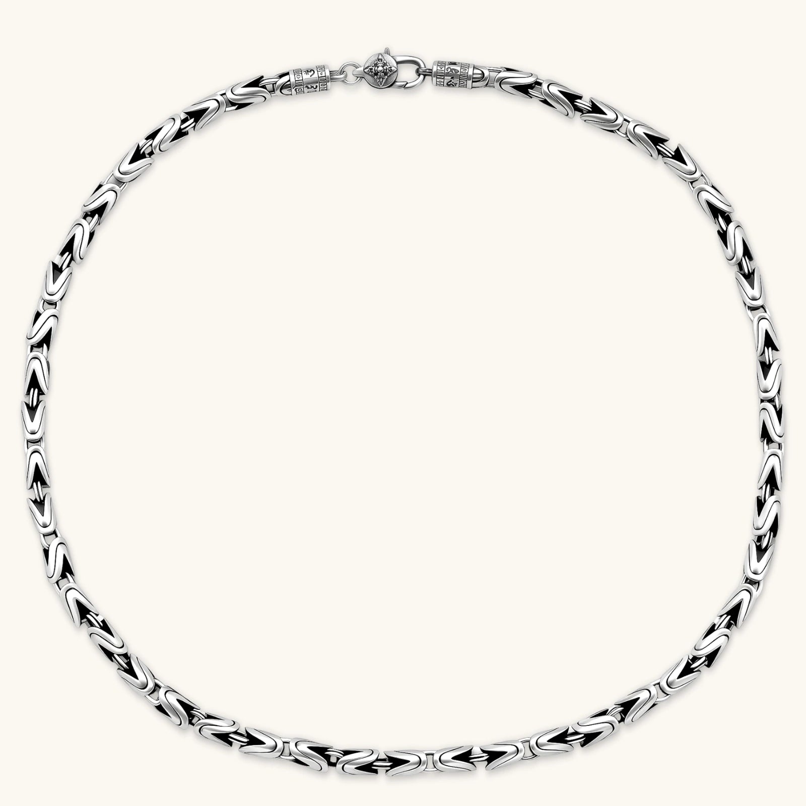 Men's antique silver Byzantine chain necklace, 6.2mm wide interlocking S-link pattern with ornate lobster clasp, 560mm length.