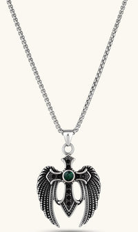 Silver stainless steel angel wing cross pendant necklace with green CZ center stone and black crystals on a box chain.