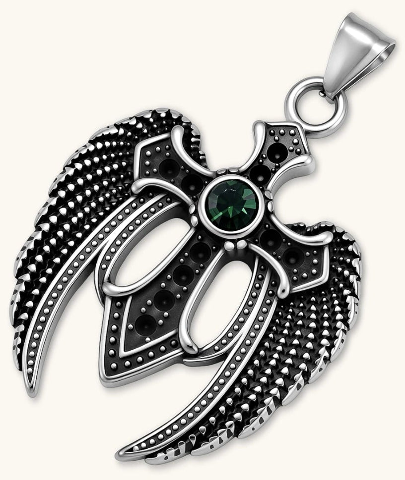 Silver stainless steel angel wing cross pendant necklace with green CZ center stone and black crystals on a box chain.