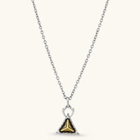 Silver cable-chain necklace with a black triangle pendant featuring gold all-seeing eye engraving and claw-tip frame, 316L stainless steel.