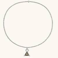 Silver cable-chain necklace with a black triangle pendant featuring gold all-seeing eye engraving and claw-tip frame, 316L stainless steel.
