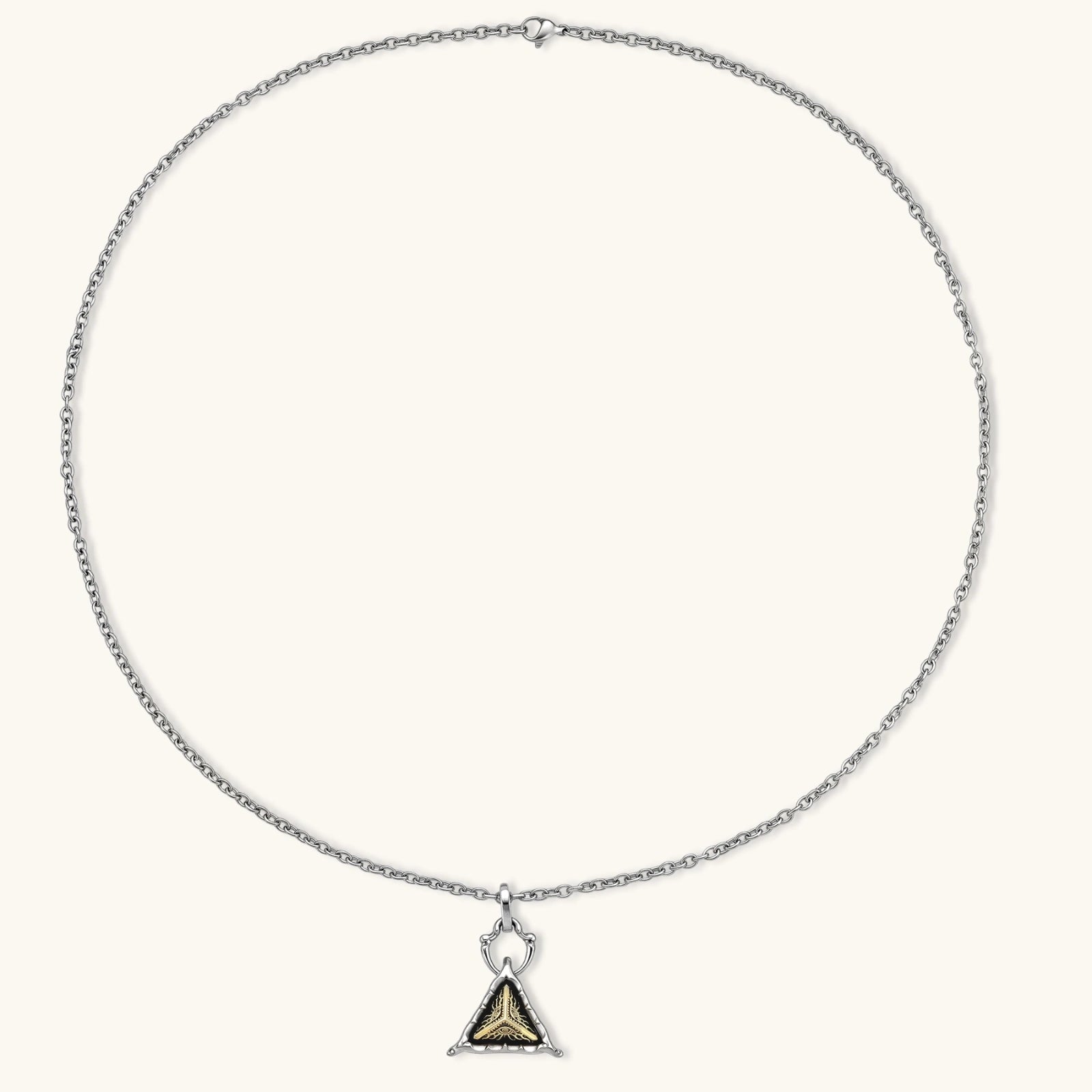 Silver cable-chain necklace with a black triangle pendant featuring gold all-seeing eye engraving and claw-tip frame, 316L stainless steel.