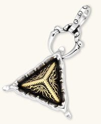 Silver cable-chain necklace with a black triangle pendant featuring gold all-seeing eye engraving and claw-tip frame, 316L stainless steel.