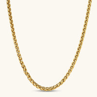 18K gold-plated stainless steel wheat chain necklace, 4.2mm wide, with lobster clasp, on off-white background.