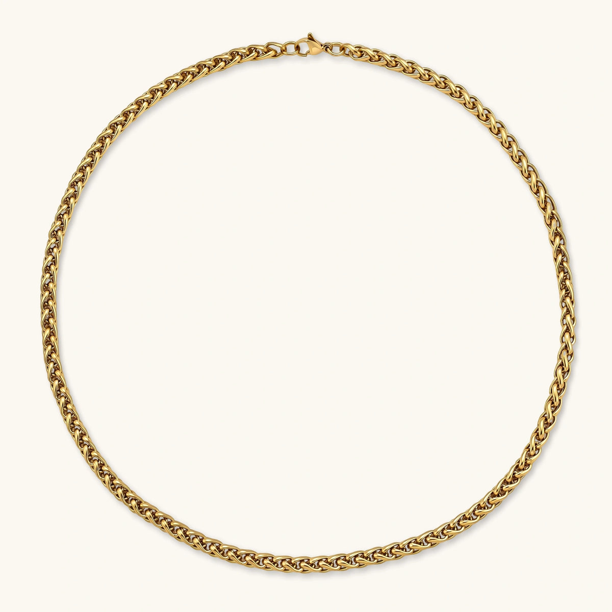 18K gold-plated stainless steel wheat chain necklace, 4.2mm wide, with lobster clasp, on off-white background.