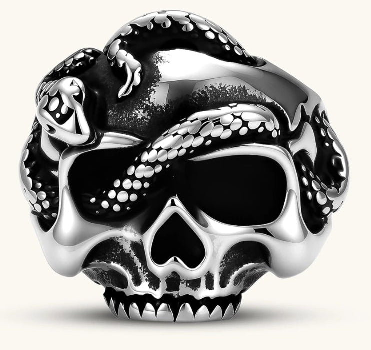 Silver stainless steel ring with bold skull face and coiled snake wrapping the crown, blackened recessed details.